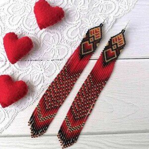RED BLACK GOLD VERY LONG SEED BEAD HANDMADE FRINGE EARRINGS BOHO WESTERN NWOT
